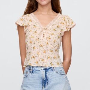Gap NEW Womens Lace Trim Floral Print Cropped Top Blouse Sz L